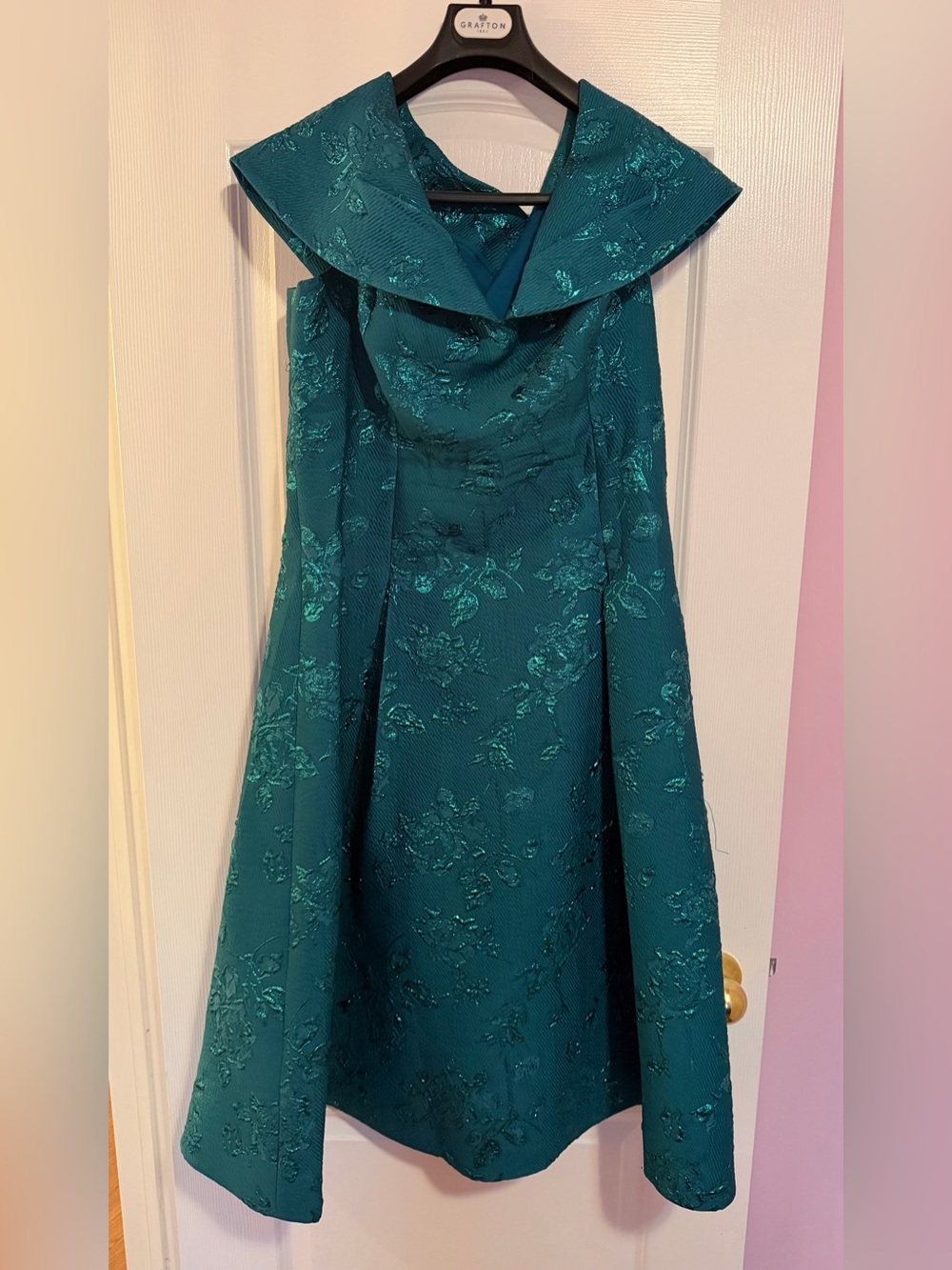 Teri Jon Teal Floral Jacquard Sailor-Collar Fit & Flare Dress